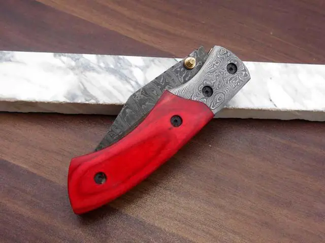 Alt view image 6 of 7 - 8.3" long hand forged custom made Damascus steel pocket clip folding knife, Red colored Camel bone scale, cow leather sheath Red