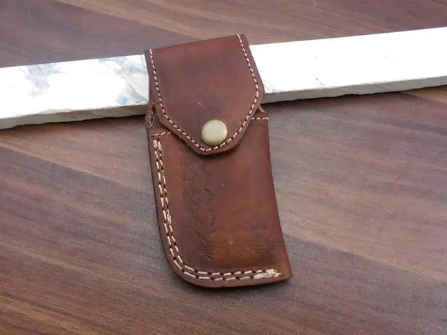 Alt view image 7 of 7 - 8.3" long hand forged custom made Damascus steel pocket clip folding knife, Red colored Camel bone scale, cow leather sheath Red