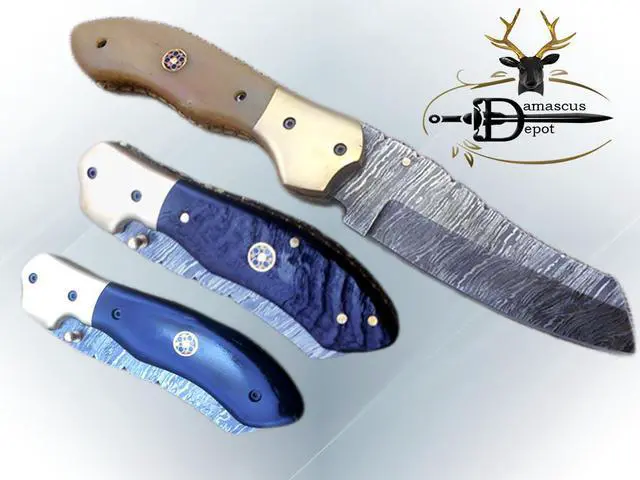 Main image of 8" Tanto blade folding knife, Natural Ram horn scale, Hand forged Twist Pattern Damascus steel, Equipped with Thumb pin & liner lock, Cow hide Leather sheath included (Camel Bone)