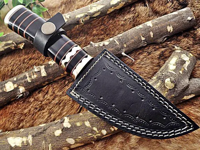 Alt view image 6 of 6 - 9.5" Long Damascus steel Skinning Knife hand forged Twist pattern Damascus steel, Bull horn round scale crafted with engraved brass spacer & cap, thick Cow hide leather sheath Black