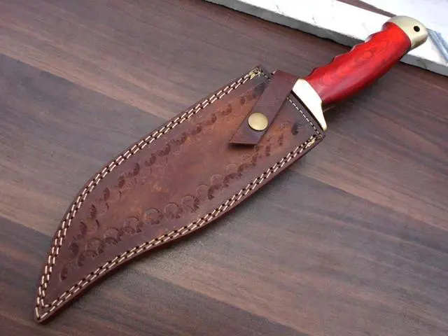 Alt view image 6 of 6 - 13 Inches long Damascus steel custom made hunting Bowie Knife, Red wood scale with brass finger guard and cap cow hide leather sheath Red