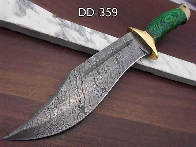 Main image of 13 Inches long Damascus steel custom made hunting Bowie Knife, Green colored wood scale with brass finger guard and cap cow hide leather sheath