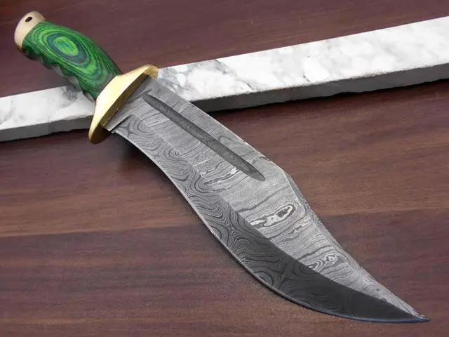 Alt view image 3 of 5 - 13 Inches long Damascus steel custom made hunting Bowie Knife, Green colored wood scale with brass finger guard and cap cow hide leather sheath