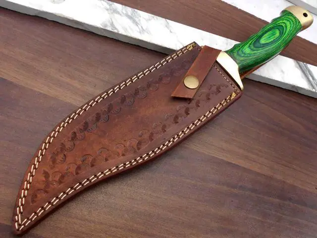 Alt view image 5 of 5 - 13 Inches long Damascus steel custom made hunting Bowie Knife, Green colored wood scale with brass finger guard and cap cow hide leather sheath