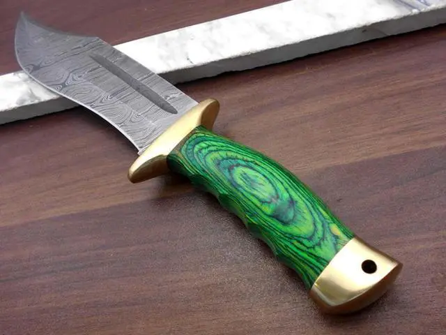 Alt view image 2 of 5 - 13 Inches long Damascus steel custom made hunting Bowie Knife, Green colored wood scale with brass finger guard and cap cow hide leather sheath