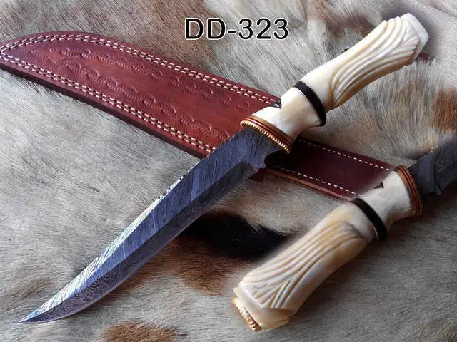 Main image of 13" Long hand forged Damascus steel skinning knife, Engraved Camel bone scale crafted with engraved brass spacer and Camel bone scale hunting knife, Cow Leather sheath with belt loop White