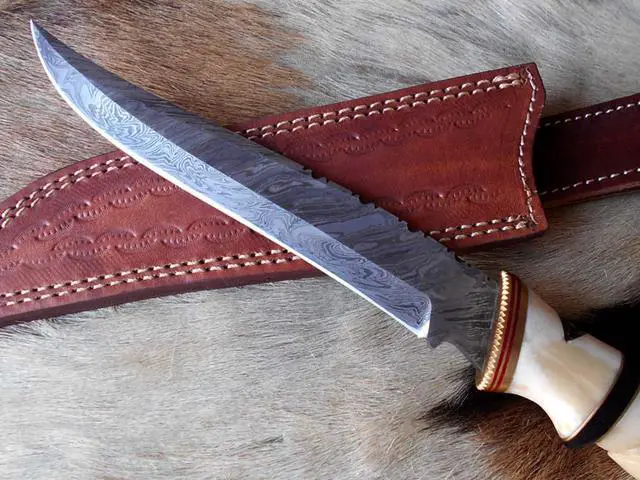 Alt view image 3 of 7 - 13" Long hand forged Damascus steel skinning knife, Engraved Camel bone scale crafted with engraved brass spacer and Camel bone scale hunting knife, Cow Leather sheath with belt loop White