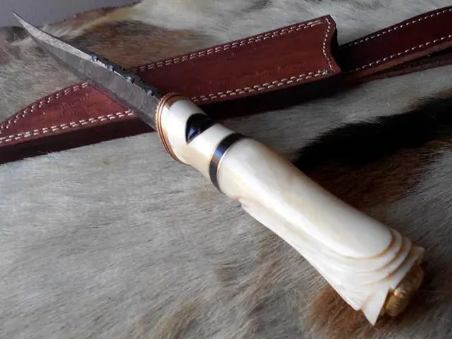 Alt view image 4 of 7 - 13" Long hand forged Damascus steel skinning knife, Engraved Camel bone scale crafted with engraved brass spacer and Camel bone scale hunting knife, Cow Leather sheath with belt loop White