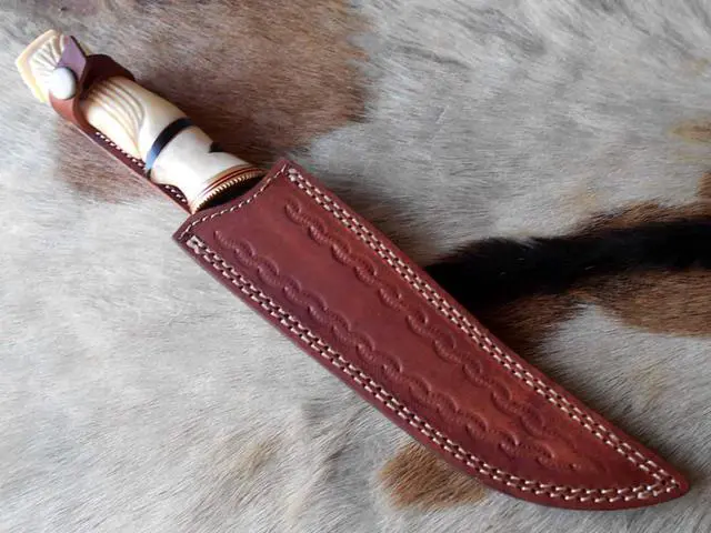 Alt view image 7 of 7 - 13" Long hand forged Damascus steel skinning knife, Engraved Camel bone scale crafted with engraved brass spacer and Camel bone scale hunting knife, Cow Leather sheath with belt loop White