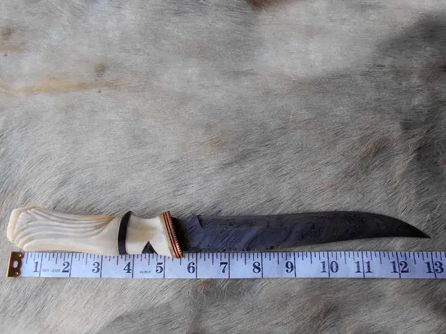 Alt view image 6 of 7 - 13" Long hand forged Damascus steel skinning knife, Engraved Camel bone scale crafted with engraved brass spacer and Camel bone scale hunting knife, Cow Leather sheath with belt loop White