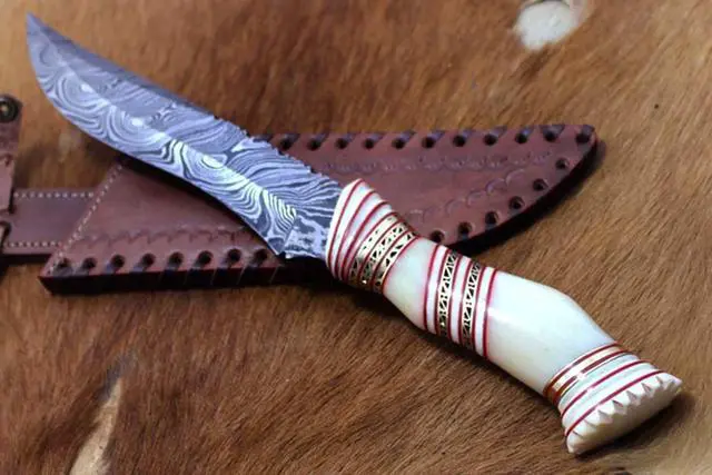 Alt view image 2 of 6 - 13" Long hand forged Damascus steel skinning knife, Engraved Camel bone scale crafted with engraved brass & Camel bone spacer hunting knife, Cow Leather sheath with belt loop White