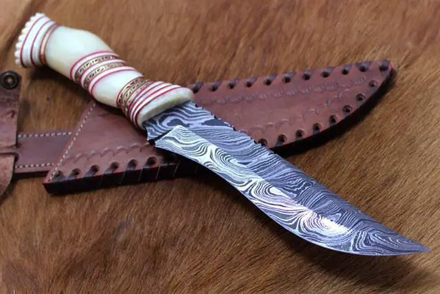 Alt view image 4 of 6 - 13" Long hand forged Damascus steel skinning knife, Engraved Camel bone scale crafted with engraved brass & Camel bone spacer hunting knife, Cow Leather sheath with belt loop White