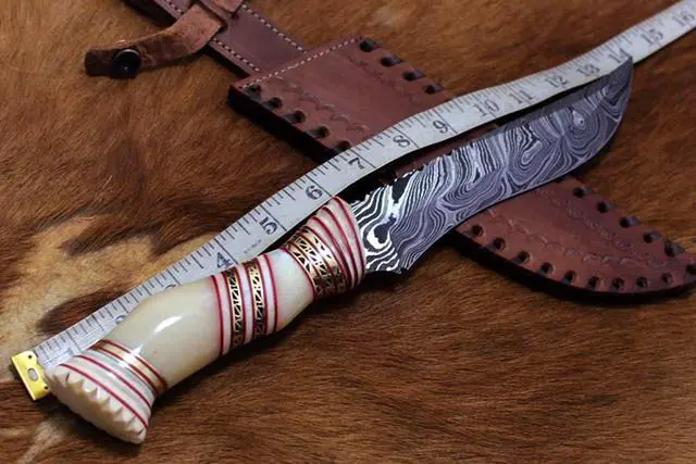 Alt view image 5 of 6 - 13" Long hand forged Damascus steel skinning knife, Engraved Camel bone scale crafted with engraved brass & Camel bone spacer hunting knife, Cow Leather sheath with belt loop White