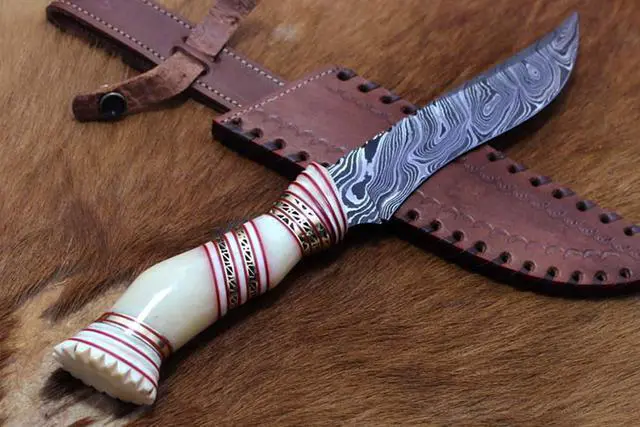 Alt view image 3 of 6 - 13" Long hand forged Damascus steel skinning knife, Engraved Camel bone scale crafted with engraved brass & Camel bone spacer hunting knife, Cow Leather sheath with belt loop White