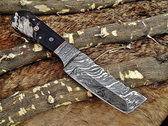 Main image of 8" Long hand forged Damascus steel full tang Tanto blade custom made hunting Knife, Natural Bull horn scale with Damascus Bolster, Cow leather sheath