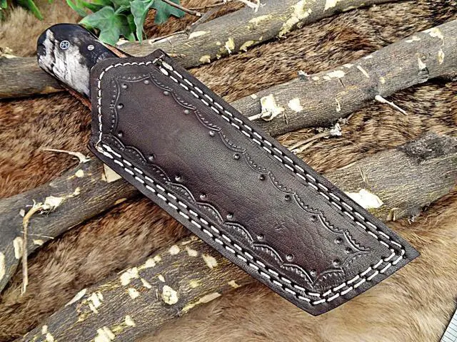 Alt view image 6 of 6 - 8" Long hand forged Damascus steel full tang Tanto blade custom made hunting Knife, Natural Bull horn scale with Damascus Bolster, Cow leather sheath
