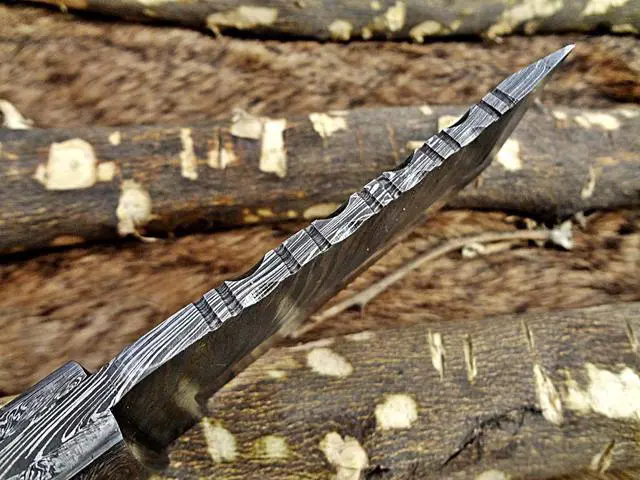 Alt view image 5 of 6 - 8" Long hand forged Damascus steel full tang Tanto blade custom made hunting Knife, Natural Bull horn scale with Damascus Bolster, Cow leather sheath