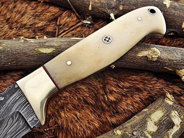 Alt view image 3 of 7 - 9.5" Long hand forged Hunting knife, 4.5" full tang Damascus steel drop point blade, Natural Camel bone scale with hole, Cow leather sheath White