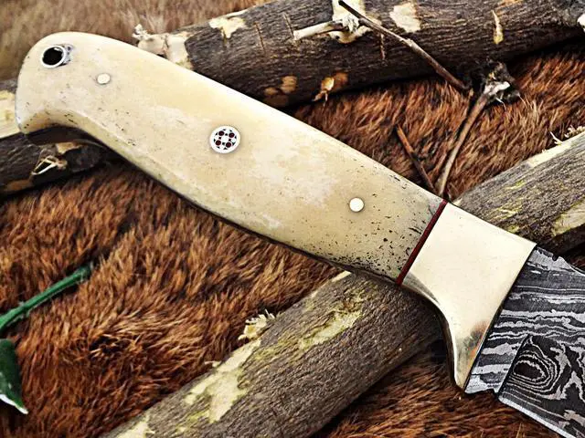 Alt view image 5 of 7 - 9.5" Long hand forged Hunting knife, 4.5" full tang Damascus steel drop point blade, Natural Camel bone scale with hole, Cow leather sheath White