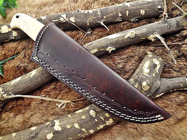 Alt view image 6 of 7 - 9.5" Long hand forged Hunting knife, 4.5" full tang Damascus steel drop point blade, Natural Camel bone scale with hole, Cow leather sheath White