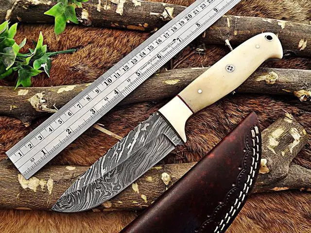 Alt view image 2 of 7 - 9.5" Long hand forged Hunting knife, 4.5" full tang Damascus steel drop point blade, Natural Camel bone scale with hole, Cow leather sheath White