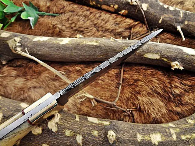 Alt view image 7 of 7 - 9.5" Long hand forged Hunting knife, 4.5" full tang Damascus steel drop point blade, Natural Camel bone scale with hole, Cow leather sheath White