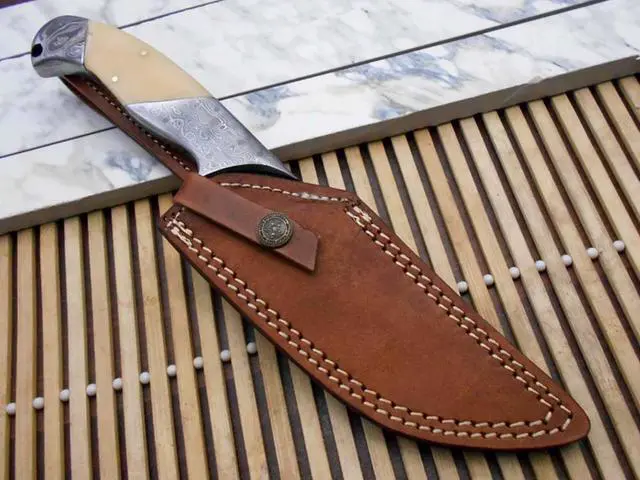 Alt view image 5 of 5 - 10.5 Long hand forged Damascus steel skinning Knife,5.5" full tang blade, Natural Camel bone scale with Damascus bolster & Pommel, Cow hide Leather sheath included