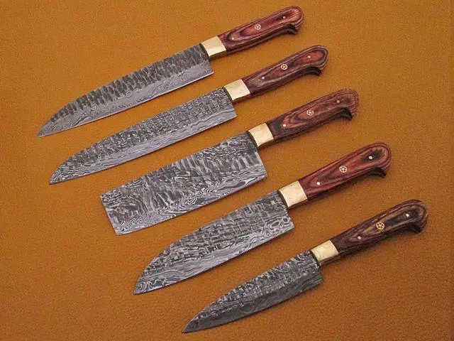 Alt view image 3 of 5 - 5 Pieces Damascus steel Hammered kitchen knife set, Custom made hand forged Damascus steel Kitchen knives with Goat suede Leather Roll bag, Overall 53 inches Long Hammered Damascus sharp knives