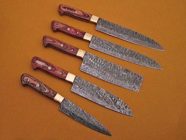 Alt view image 4 of 5 - 5 Pieces Damascus steel Hammered kitchen knife set, Custom made hand forged Damascus steel Kitchen knives with Goat suede Leather Roll bag, Overall 53 inches Long Hammered Damascus sharp knives
