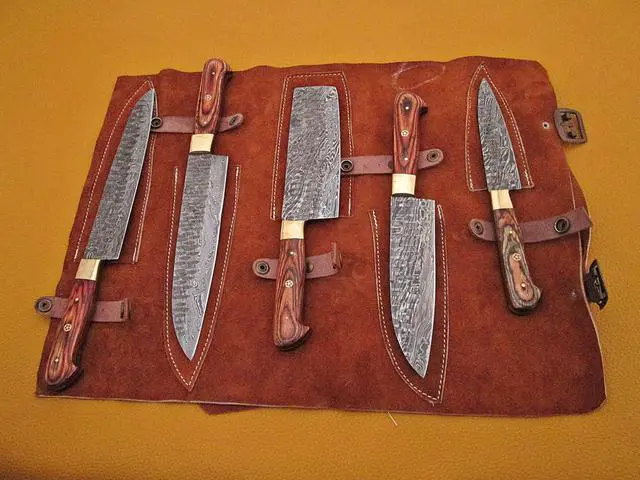 Alt view image 2 of 5 - 5 Pieces Damascus steel Hammered kitchen knife set, Custom made hand forged Damascus steel Kitchen knives with Goat suede Leather Roll bag, Overall 53 inches Long Hammered Damascus sharp knives