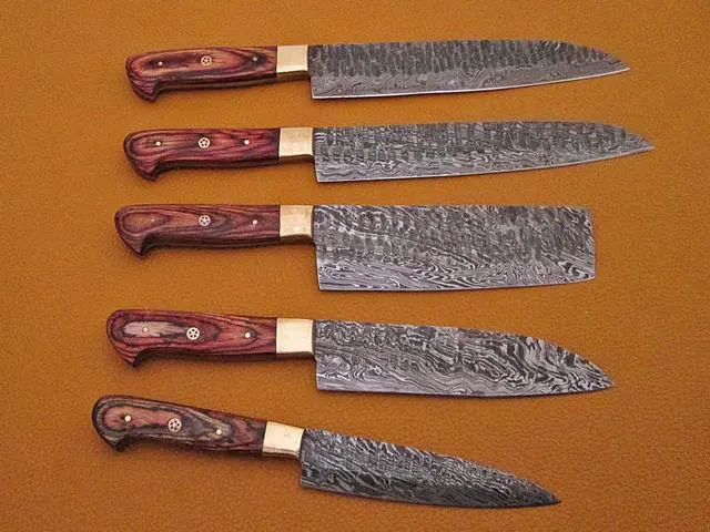 Main image of 5 Pieces Damascus steel Hammered kitchen knife set, Custom made hand forged Damascus steel Kitchen knives with Goat suede Leather Roll bag, Overall 53 inches Long Hammered Damascus sharp knives