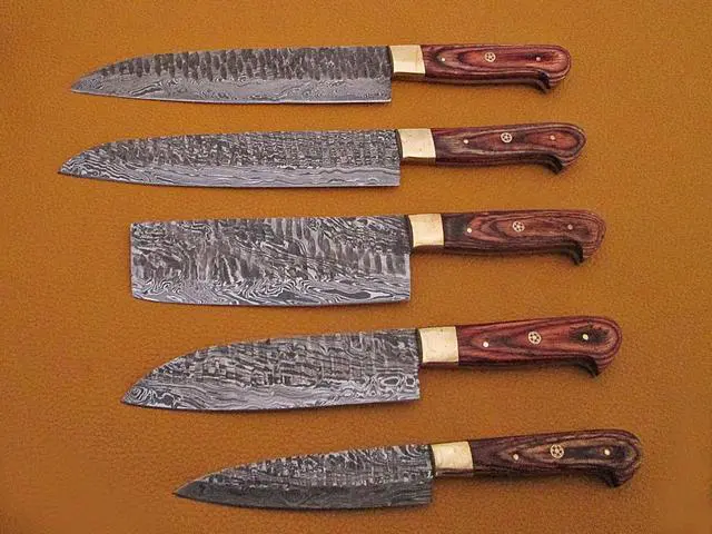 Alt view image 5 of 5 - 5 Pieces Damascus steel Hammered kitchen knife set, Custom made hand forged Damascus steel Kitchen knives with Goat suede Leather Roll bag, Overall 53 inches Long Hammered Damascus sharp knives