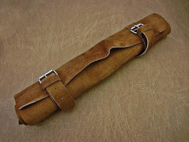 Alt view image 6 of 6 - 5 Pieces Damascus steel Hammered kitchen knife set, Custom made hand forged Damascus steel Kitchen knives with Goat suede Leather Roll bag, Overall 53 inches Long Hammered Damascus sharp knives Yellow