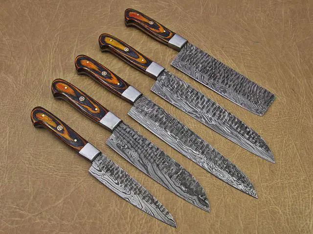 Alt view image 4 of 6 - 5 Pieces Damascus steel Hammered kitchen knife set, Custom made hand forged Damascus steel Kitchen knives with Goat suede Leather Roll bag, Overall 53 inches Long Hammered Damascus sharp knives Yellow