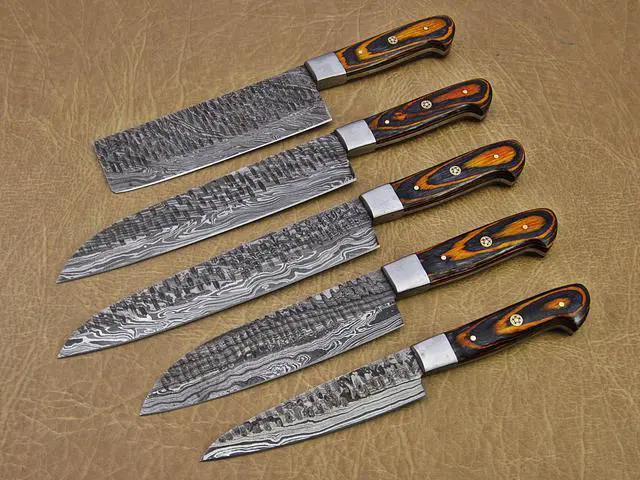 Main image of 5 Pieces Damascus steel Hammered kitchen knife set, Custom made hand forged Damascus steel Kitchen knives with Goat suede Leather Roll bag, Overall 53 inches Long Hammered Damascus sharp knives Yellow