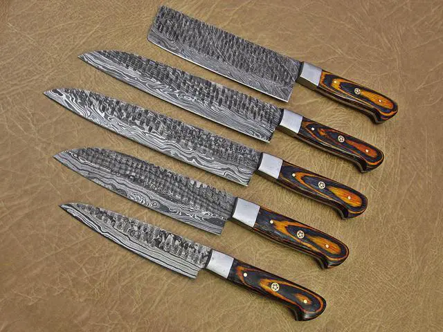 Alt view image 3 of 6 - 5 Pieces Damascus steel Hammered kitchen knife set, Custom made hand forged Damascus steel Kitchen knives with Goat suede Leather Roll bag, Overall 53 inches Long Hammered Damascus sharp knives Yellow