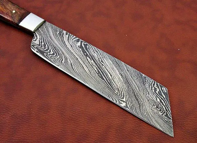 Alt view image 4 of 7 - 12 Inches long custom made Damascus steel full tang butcher Knife 7" full tang blade blade Natural Kow wood scale with brass bolster Brown