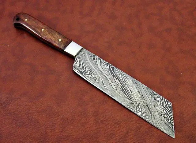 Alt view image 2 of 7 - 12 Inches long custom made Damascus steel full tang butcher Knife 7" full tang blade blade Natural Kow wood scale with brass bolster Brown