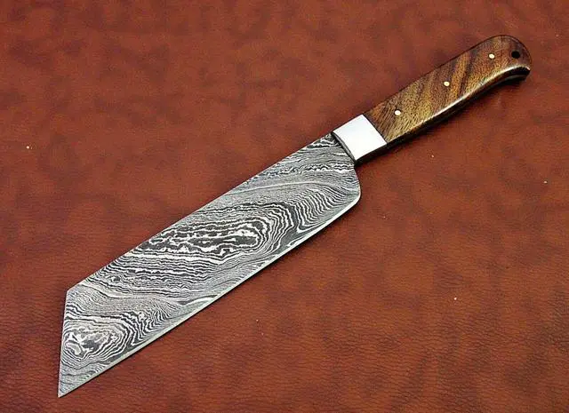 Alt view image 3 of 7 - 12 Inches long custom made Damascus steel full tang butcher Knife 7" full tang blade blade Natural Kow wood scale with brass bolster Brown