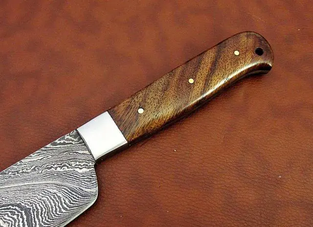 Alt view image 7 of 7 - 12 Inches long custom made Damascus steel full tang butcher Knife 7" full tang blade blade Natural Kow wood scale with brass bolster Brown