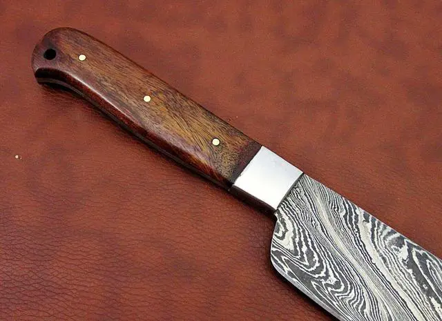 Alt view image 6 of 7 - 12 Inches long custom made Damascus steel full tang butcher Knife 7" full tang blade blade Natural Kow wood scale with brass bolster Brown