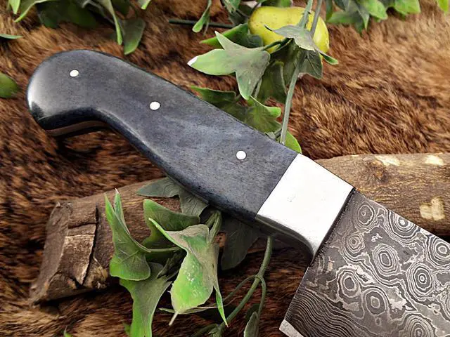 Alt view image 4 of 6 - Rain drop pattern Damascus Steel chef Knife 13.5 Inches long, 7.5" Rain drop pattern hand forged Damascus steel blade, Blue Colored camel bone with brass bolster scale