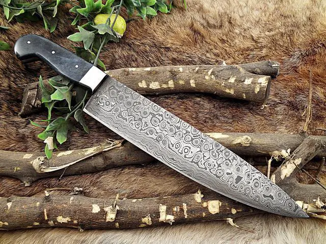Main image of Rain drop pattern Damascus Steel chef Knife 13.5 Inches long, 7.5" Rain drop pattern hand forged Damascus steel blade, Blue Colored camel bone with brass bolster scale