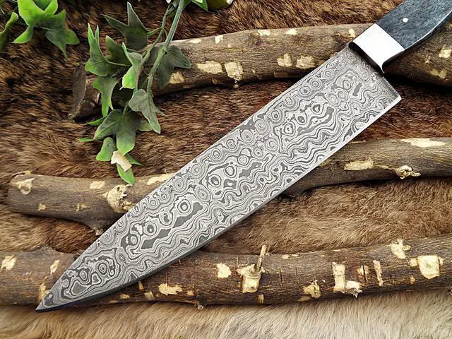 Alt view image 5 of 6 - Rain drop pattern Damascus Steel chef Knife 13.5 Inches long, 7.5" Rain drop pattern hand forged Damascus steel blade, Blue Colored camel bone with brass bolster scale