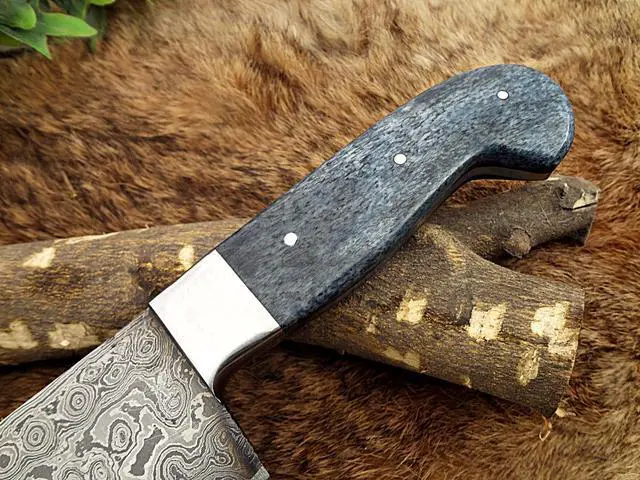 Alt view image 6 of 6 - Rain drop pattern Damascus Steel chef Knife 13.5 Inches long, 7.5" Rain drop pattern hand forged Damascus steel blade, Blue Colored camel bone with brass bolster scale