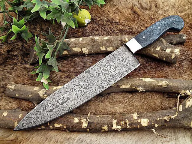 Alt view image 2 of 6 - Rain drop pattern Damascus Steel chef Knife 13.5 Inches long, 7.5" Rain drop pattern hand forged Damascus steel blade, Blue Colored camel bone with brass bolster scale