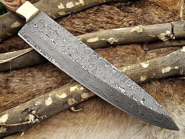 Alt view image 5 of 6 - Damascus Steel kitchen Knife, 14 Inches Long chef knife with 8.5" long Hand Forged blade, 2 Tone Dollar wood and brass bolster scale
