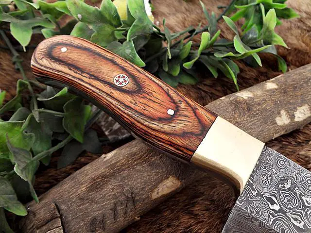 Alt view image 6 of 6 - Damascus Steel kitchen Knife, 14 Inches Long chef knife with 8.5" long Hand Forged blade, 2 Tone Dollar wood and brass bolster scale