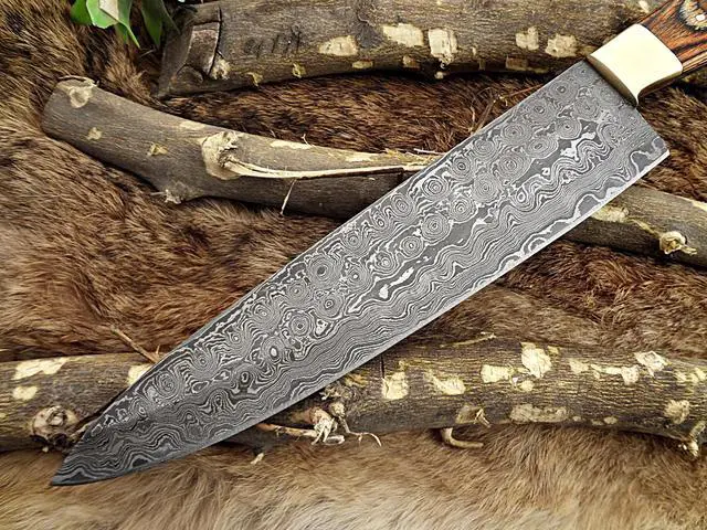 Alt view image 3 of 6 - Damascus Steel kitchen Knife, 14 Inches Long chef knife with 8.5" long Hand Forged blade, 2 Tone Dollar wood and brass bolster scale