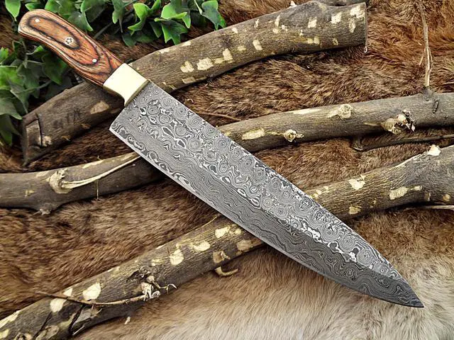 Main image of Damascus Steel kitchen Knife, 14 Inches Long chef knife with 8.5" long Hand Forged blade, 2 Tone Dollar wood and brass bolster scale